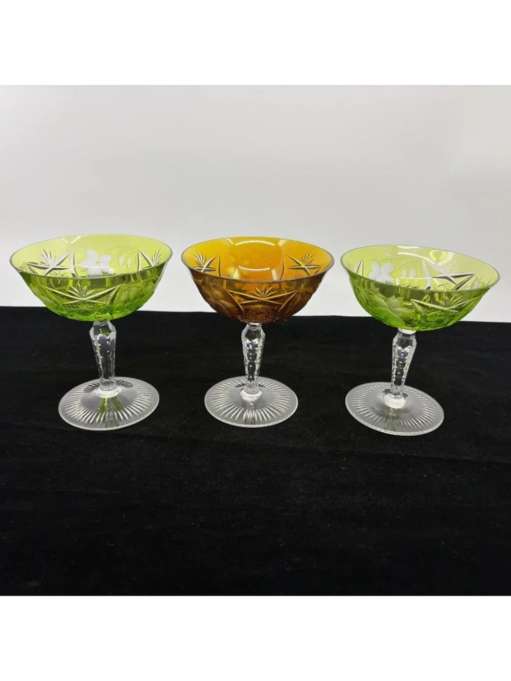 3 Vintage Ajka Marsala Cut to Clear Sherbet Champagne Coupe 4.75 Green Amber